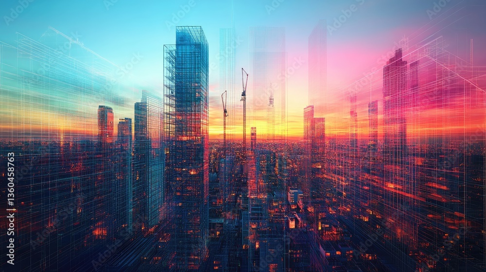 Fototapeta premium Futuristic Cityscape at Sunset: A Vision of Urban Development and Technological Advancement