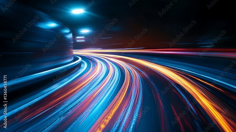 A dynamic, blurred image of light trails on a winding road at night. A dynamic, blurred image of light trails on a winding road at night.