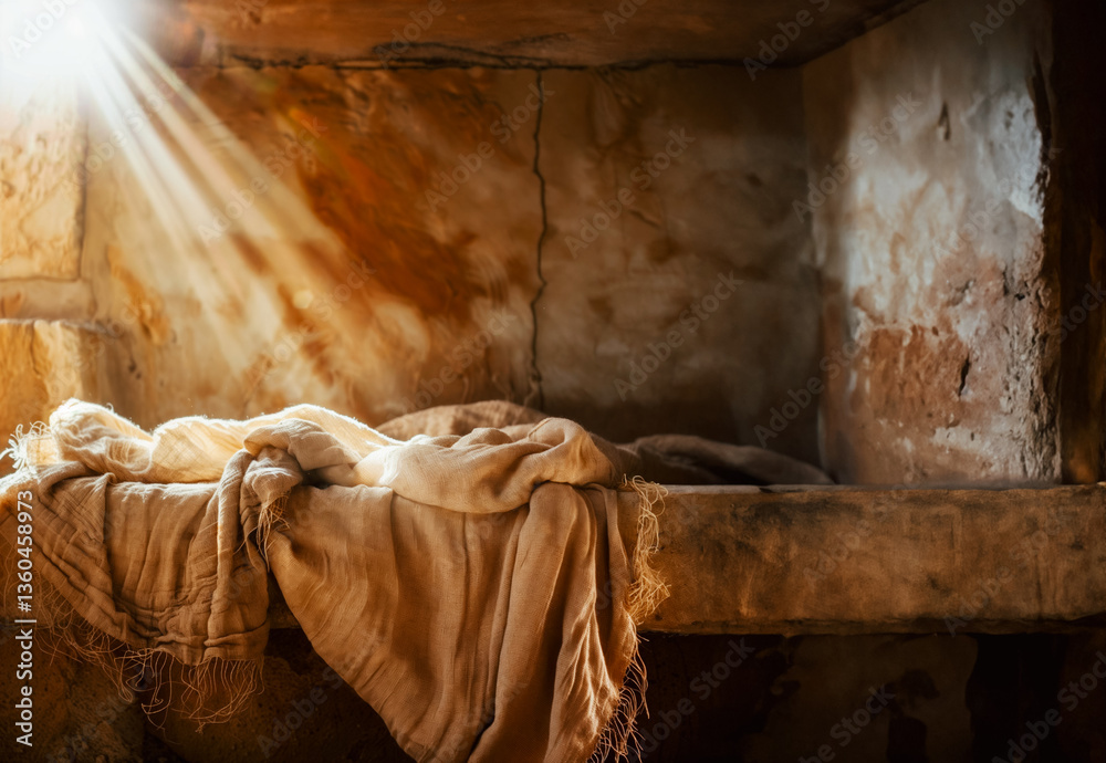 Fototapeta premium The empty tomb of the risen Jesus with burial shroud