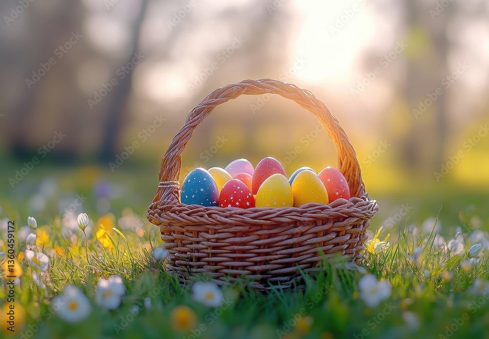 Colorful Easter Eggs in a Wicker Basket Surrounded by Fresh Grass and Wildflowers Under a Softly Glowing Sunlight in a Serene Outdoor Setting Colorful Easter Eggs in a Wicker Basket Surrounded by Fresh Grass and Wildflowers Under a Softly Glowing Sunlight in a Serene Outdoor Setting