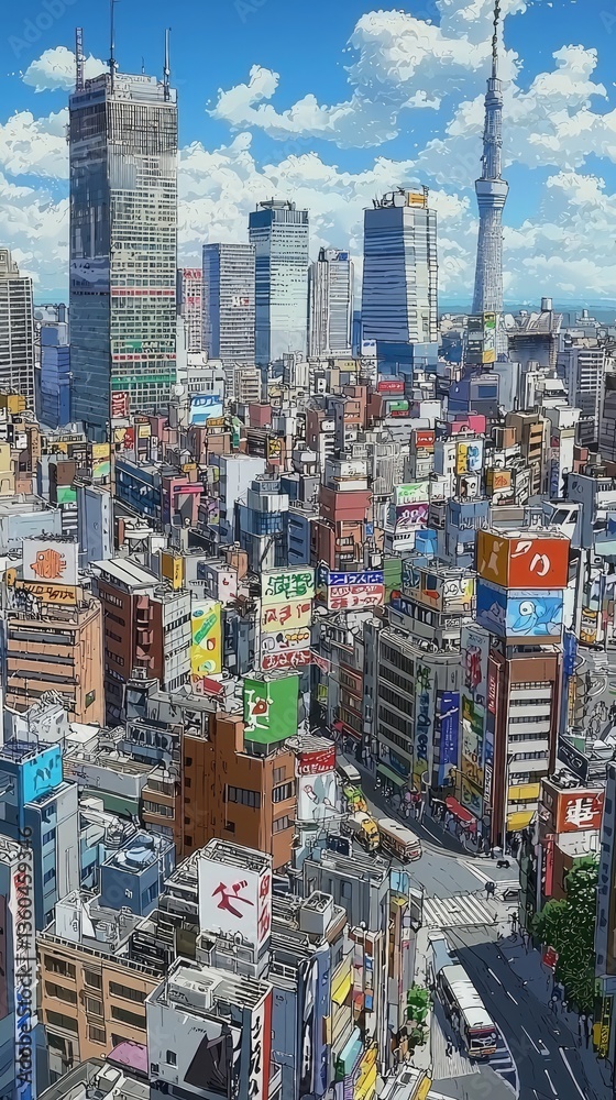 Naklejka premium Japanese city skyline, tall buildings, billboards, street scene, urban landscape, aerial view, for stock photo