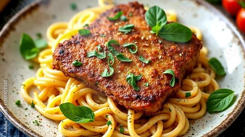 white dish of pasta with meat coming out of smoke with a very beautiful appearance
