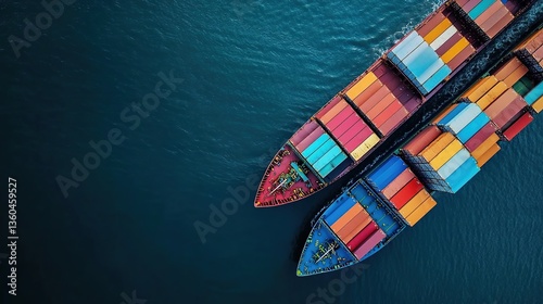 Aerial view of two cargo ships loaded with colorful containers sailing on a deep blue sea, high - contrast, vibrant colors, realistic photography