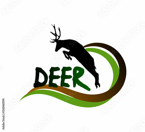 An illustration of a leaping deer combined with artistic "DEER" typography, blended with a circular green design, creating harmony between form, text, and the movement of the animal.
