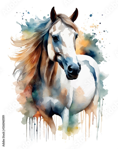 Horse with Flowers Watercolor Vector Illustration.