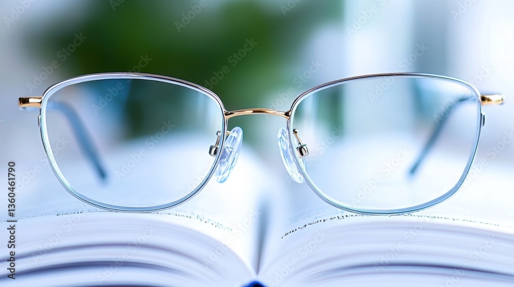 A pair of glasses sitting on top of an open book A pair of glasses sitting on top of an open book