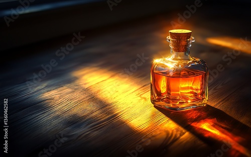 Amber liquid in a glass bottle with a cork stopper, sits on a wooden surface bathed in sunlight