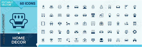Home Decor icon pack. Contain linear symbols renovation, decoration, bedroom, kitchen, house, indoor, apartment and more. Expanded stroke icons. Bed vector line and solid icon set.