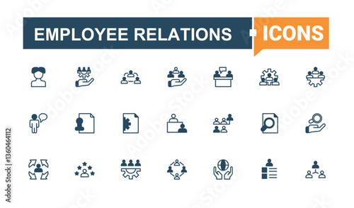 Employee Relations vector icon set. Containing employment, recruitment, hr, resource, team, man and more. Human Resources line icon set. Set of line pictogram. Solid line editable stroke.