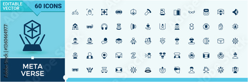 Meta Verse related icon. It contains symbols to virtual reality, vr, ar, tech, virtual, cyber, digital and more. Icons for UI design. Cyberspace icon collection. Vector line and solid icons.