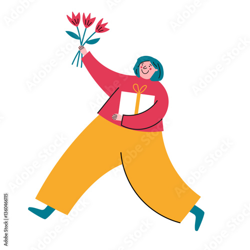 Joyful Woman with Flowers and Gift