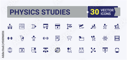 Physics Studies icon set. Contains related to analysis, laboratory, experiment, scientist, scientific and more. Physics vector line icon set. Minimal icons set. Solid line editable stroke.