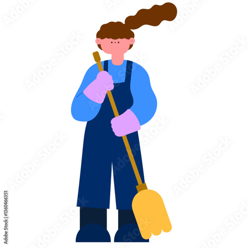 female volunteer holding a broom, community service and cleanliness flat vector illustration
