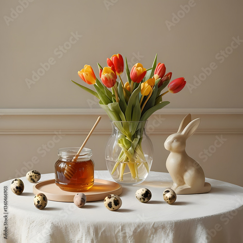 Serene Still Life With Tulips Honey Jar And Decorative Eggs 
