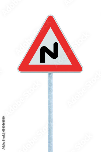 Double bend ahead first to the right road sign, large detailed isolated vertical white triangular dangerous bends warning closeup, red frame grey metallic pole post, political opportunism bent concept