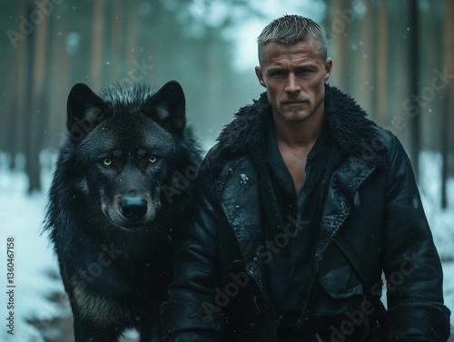 Strong Man and Wolf in Snowy Woods