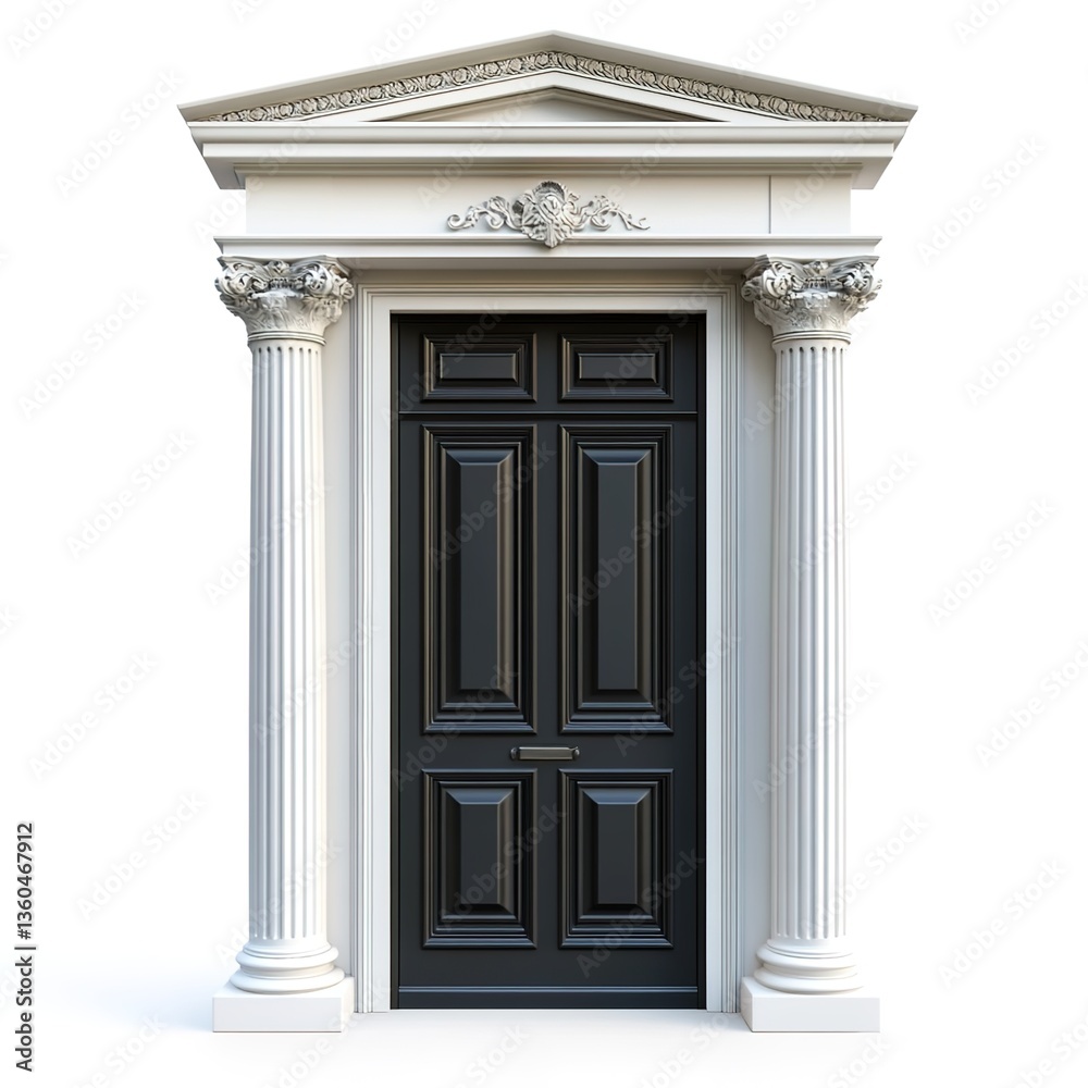 Obraz premium A light gray door with classical decorations, including columns and top carvings, against a pure white background, high - detail 3D render