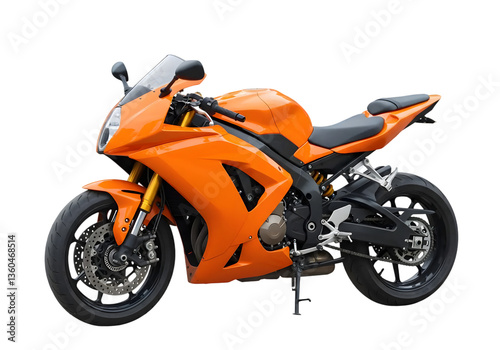 Orange motorcycle with sleek design and modern features parked on a neutral background, showcasing its powerful stance and dynamic lines for automotive enthusiasts