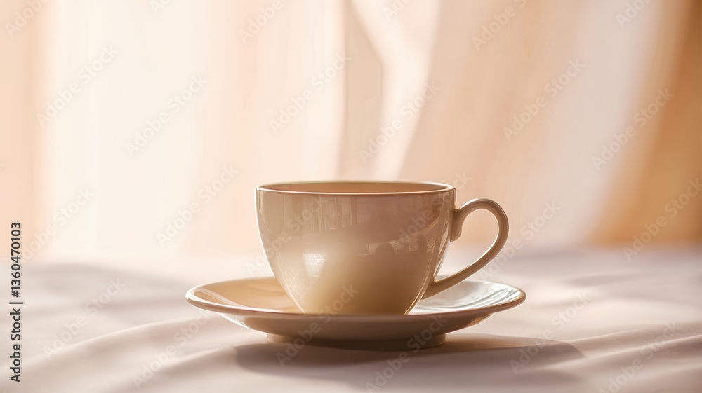 Obraz premium Elegant Coffee Cup on Saucer with Warm Sunlight and Soft Curtains