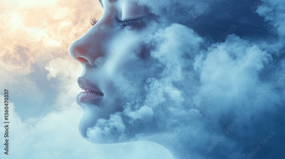 A woman's face in the clouds with her eyes closed A woman's face in the clouds with her eyes closed