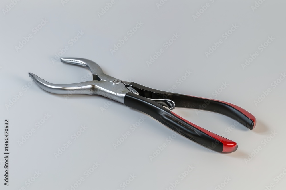 Close-up of a pair of sleek pliers with red rubber grips resting on a neutral background Close-up of a pair of sleek pliers with red rubber grips resting on a neutral background