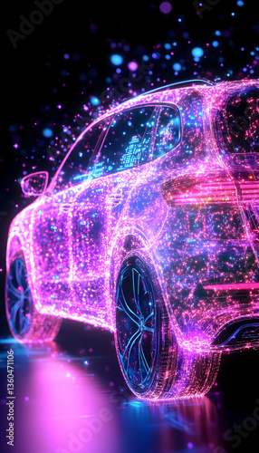 Futuristic SUV, neon lights, dark background