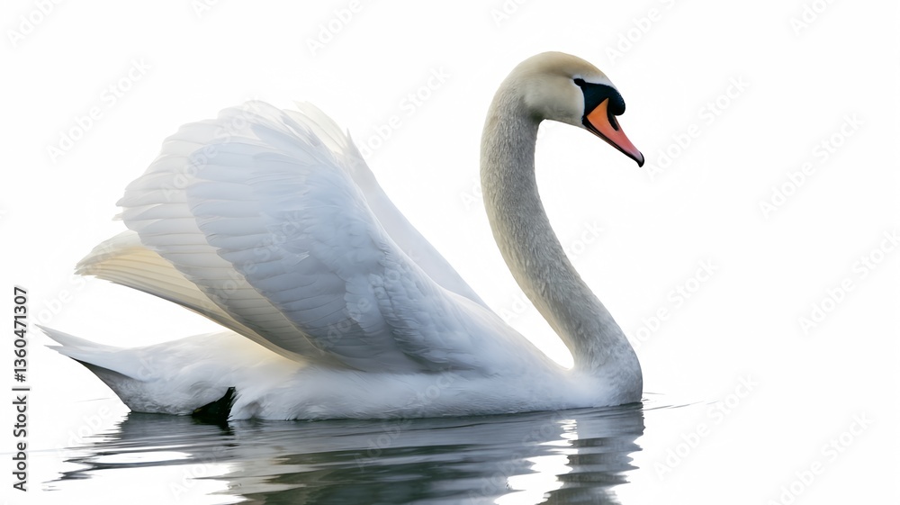 Fototapeta premium Graceful white swan gliding on water with reflection, isolated photo