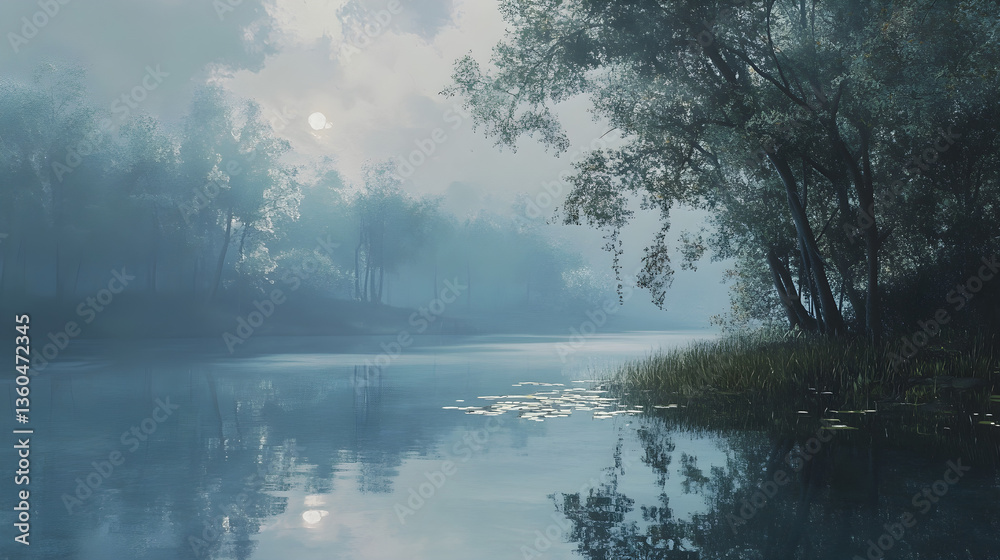 Fototapeta premium The still waters of a peaceful pond mirror the trees and sky above, creating a serene reflection that adds to the natural harmony of the landscape
