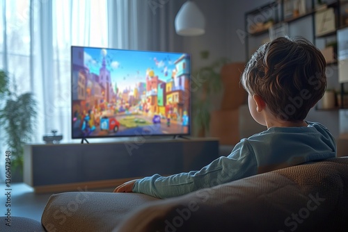 Child watching an animated cartoon on a big screen TV in a cozy living room
