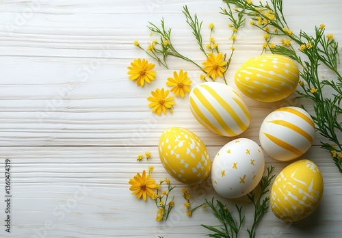 Colorful Easter Eggs Nestled Among Bright Yellow Flowers and Fresh Greenery on a Light Wooden Surface for Festive Spring Decoration