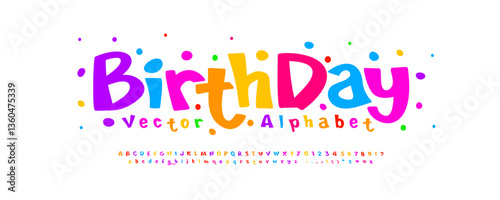 Colorful birthday cartoon font. Fun playful decorative alphabet with bright letters, festive style for kids party, posters, cards, headlines, logo. Vector illustration