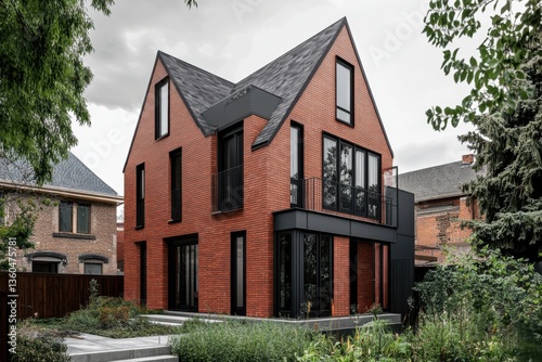 Wallpaper Mural Modern brick house with angular design surrounded by greenery in an urban neighborhood on a cloudy day showcasing contemporary architecture Torontodigital.ca