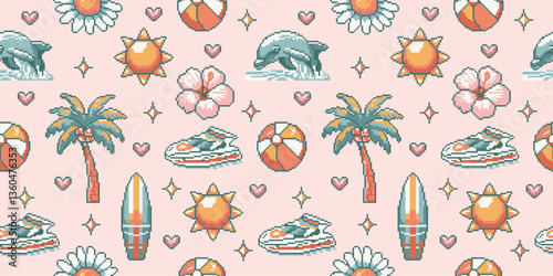 Seamless pattern summer style of pixel art. Inspired Modern abstract prints dolphin, palm tree, sun, surfboard, hibiscus beach and ocean concept. Vector illustration.