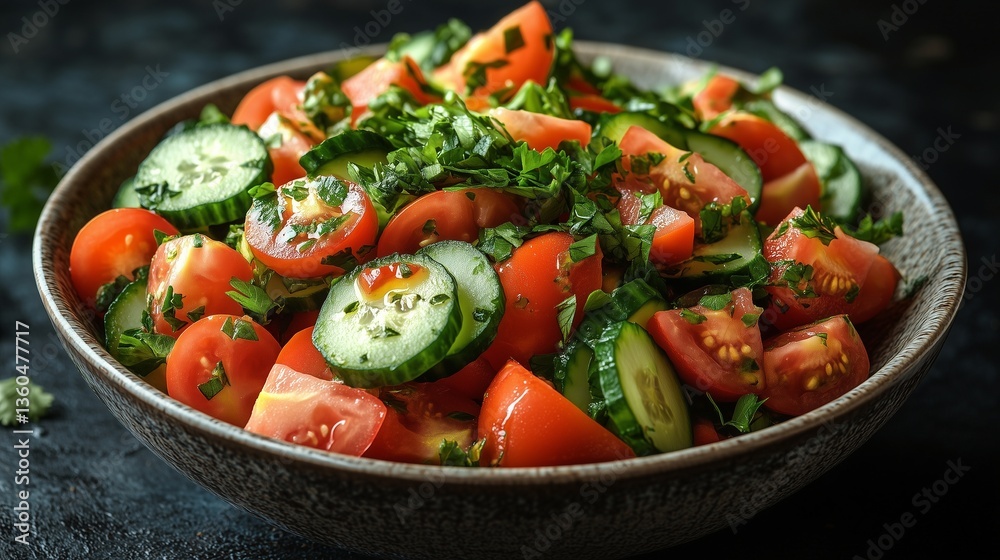 **A salad bowl filled with a colorful mix of juicy tomatoes, sliced cucumbers, and fresh coriander leaves, set against a dark rustic background for contrast. **A salad bowl filled with a colorful mix of juicy tomatoes, sliced cucumbers, and fresh coriander leaves, set against a dark rustic background for contrast.