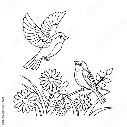 Bird Sitting on a Branch, Tropical birds set, summer bird coloring pages for kids and adults