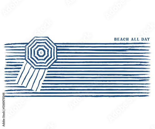 Summer beach vacation vector design, Beach umbrella on coast top view line illustration, Beach holiday artwork for t shirt, poster, wall decoration, embroidery 