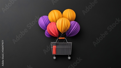 Shopping Cart Soaring with Balloons.