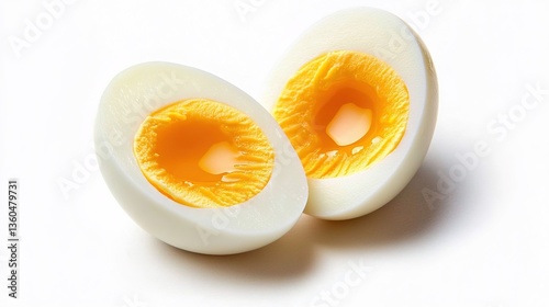 A soft - boiled egg cut in half with a runny yolk, on a white background, high - resolution, food photography, close - up
