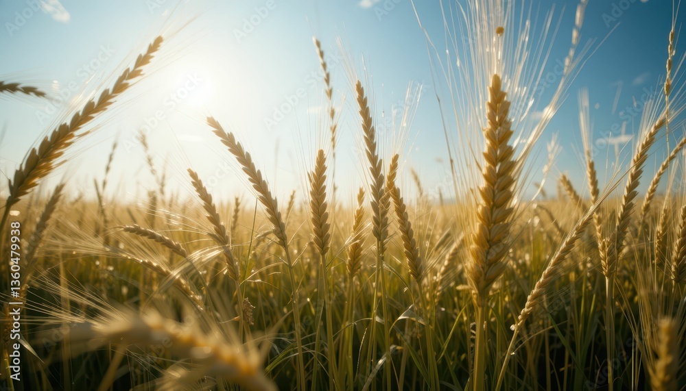 Obraz premium Sunlit Wheat Field Under a Clear Blue Sky at Golden Hour