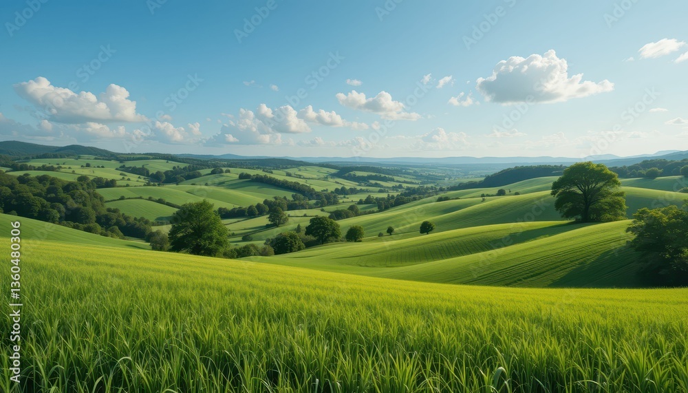 Fototapeta premium Lush Green Rolling Hills Under Blue Sky with Soft Clouds