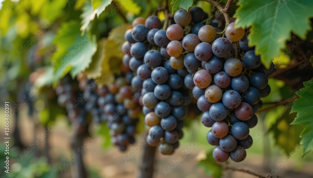 Ripe Grapes Hanging on Vine in Lush Vineyard Under Bright Sunlight Ripe Grapes Hanging on Vine in Lush Vineyard Under Bright Sunlight