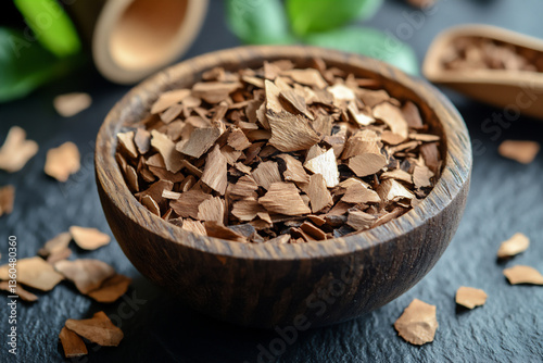 close-up of dry, loose-leaf pipe filled with brown wood chips on a black background.