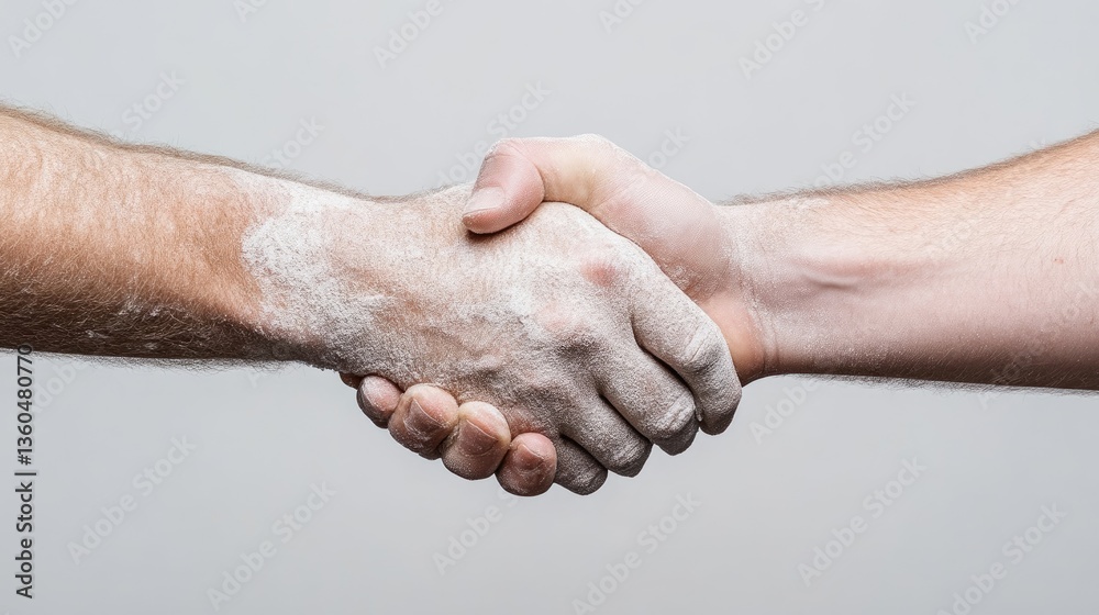 Close-up of two hands shaking, covered in white powder Close-up of two hands shaking, covered in white powder