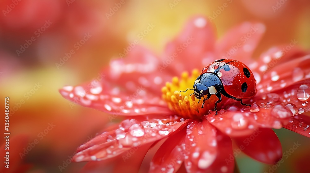 Fototapeta premium Ladybug Resting on Dewy Orange Flower, A ladybug on a vibrant orange flower with dewdrops, against a blurred bokeh background