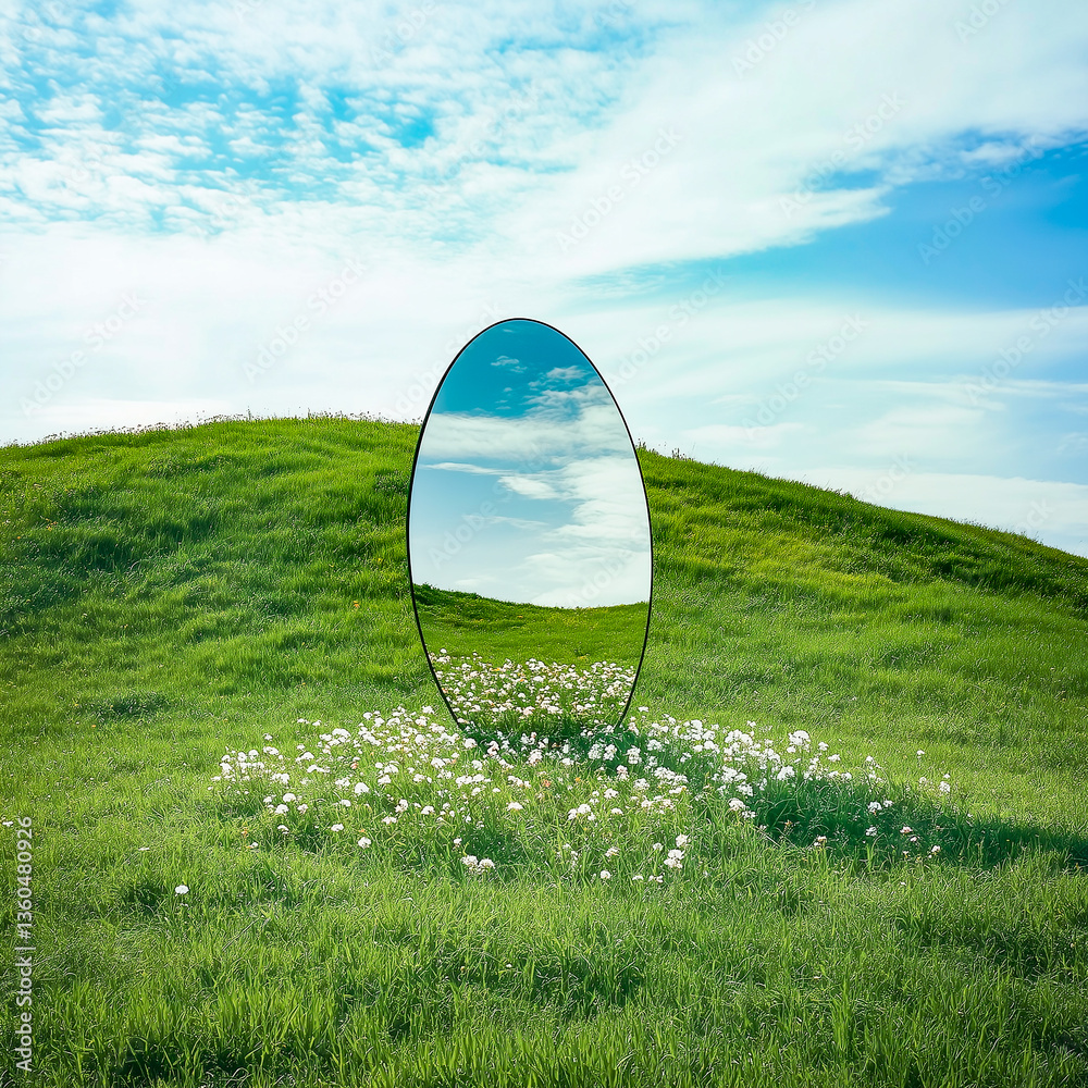 Futuristic Easter egg, concept of new life, spring world. Egg-shaped mirror on a green hill.