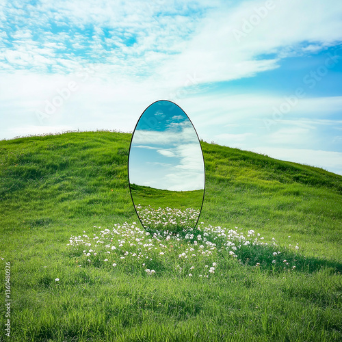 Obraz na płótnie Futuristic Easter egg, concept of new life, spring world. Egg-shaped mirror on a green hill. w salonie