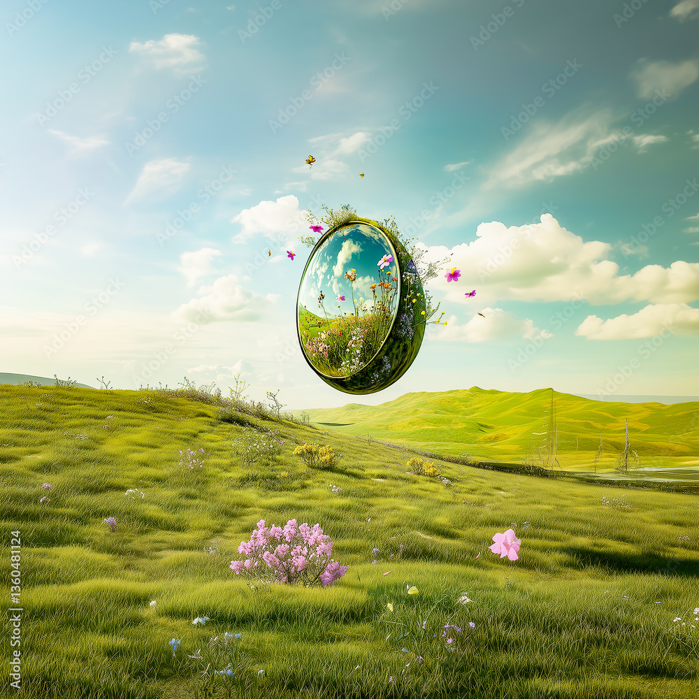 Futuristic Easter egg, concept of new life, spring world. Egg-shaped mirror on a green hill.