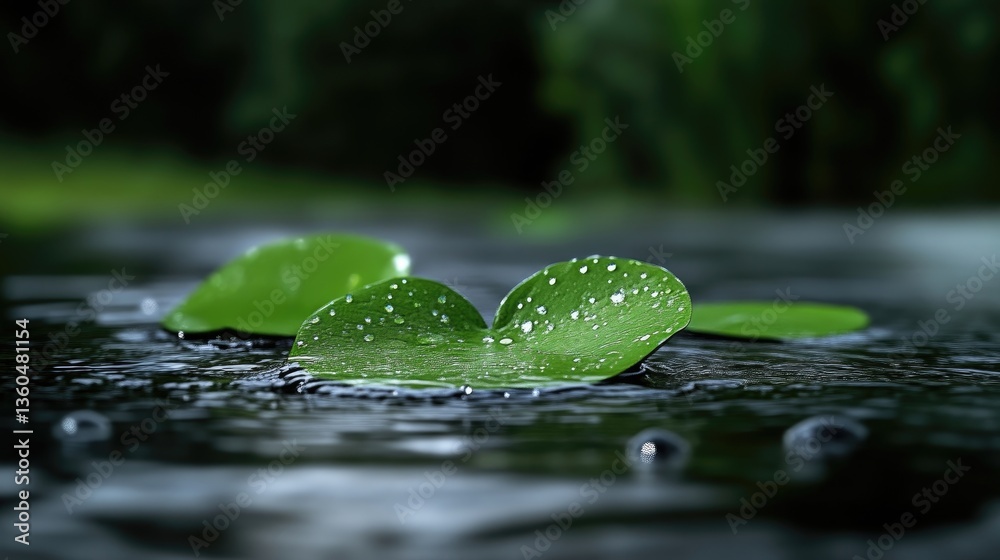 Delicate water lilies with droplets on a dark surface Delicate water lilies with droplets on a dark surface