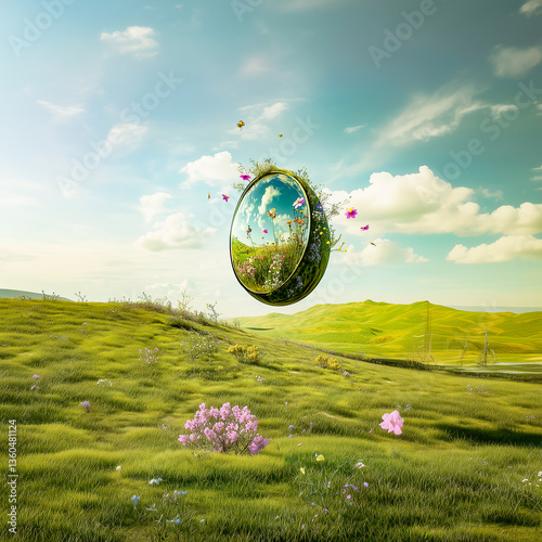 Obraz na płótnie Futuristic Easter egg, concept of new life, spring world. Egg-shaped mirror on a green hill. w salonie