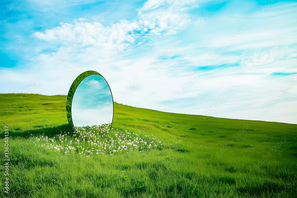 Futuristic Easter egg, concept of new life, spring world. Egg-shaped mirror on a green hill.